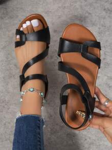 Women Minimalist Ankle Strap Sandals, Elegant Summer Flat Sandals - Black - View 1