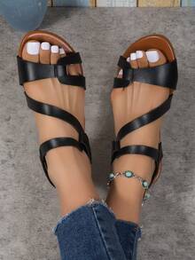 Women Minimalist Ankle Strap Sandals, Elegant Summer Flat Sandals - Black - View 3
