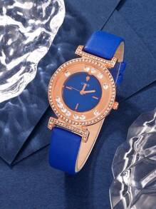 1入組女士藍色PU聚氨酯帶時尚水鑽裝飾石英表和4入組鋅合金蝴蝶墜飾首飾類日常裝飾 - 藍色 - 查看 2