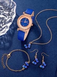 1入組女士藍色PU聚氨酯帶時尚水鑽裝飾石英表和4入組鋅合金蝴蝶墜飾首飾類日常裝飾 - 藍色 - 查看 3