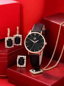 1入組黑色PU聚氨酯帶時尚圓形錶盤指針石英表和4入組鋅合金水鑽墜飾首飾套裝,日常裝飾 - 黑色 - 查看 1