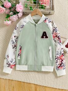 SHEIN Bé Gái Jackets Đắp vá Túi Dây kéo Hoa Lá thư Giải trí - Màu xanh Bạc hà - Xem 1