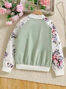 SHEIN Bé Gái Jackets Đắp vá Túi Dây kéo Hoa Lá thư Giải trí - Màu xanh Bạc hà - Xem 2