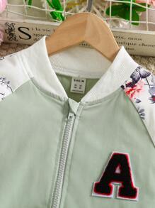 SHEIN Bé Gái Jackets Đắp vá Túi Dây kéo Hoa Lá thư Giải trí - Màu xanh Bạc hà - Xem 3