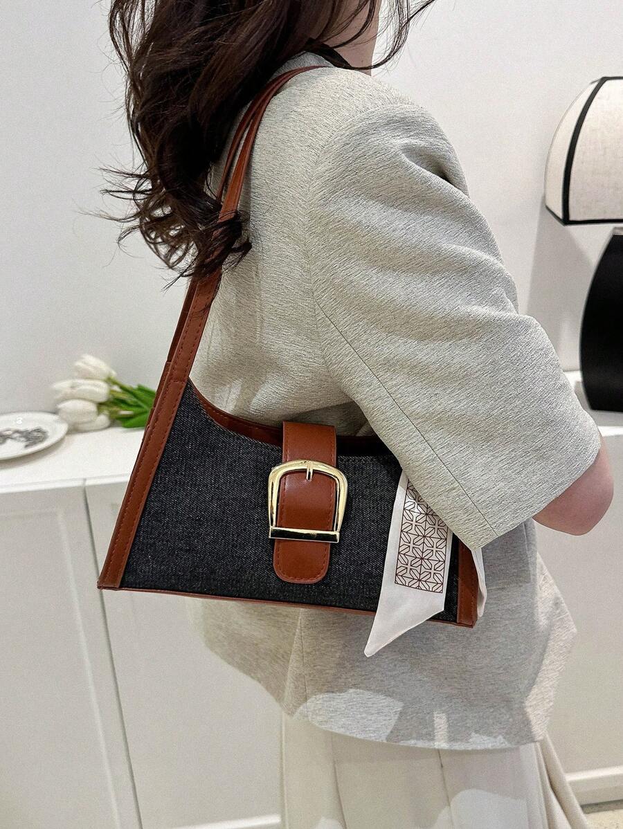 撞色滾邊法棍包扣飾和絲巾裝飾適用於日常 - 黑色 - 查看 1