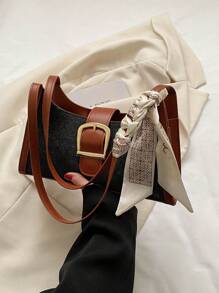 撞色滾邊法棍包扣飾和絲巾裝飾適用於日常 - 黑色 - 查看 3