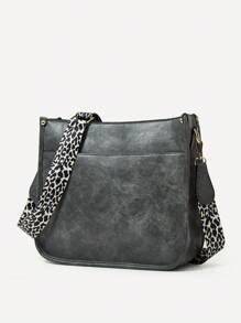 Leopard Print Strap Crossbody Bag Solid Colour Square Bag For Work - Grey - View 2