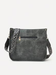 Leopard Print Strap Crossbody Bag Solid Colour Square Bag For Work - Grey - View 4