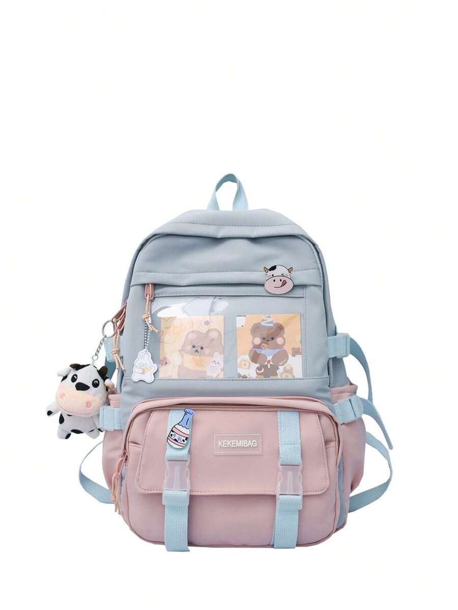 Colourblock Classic Backpack, Clear Pocket Front School Bag, Cute Cartoon Nylon Backpack - Pink - View 1