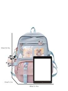 Colourblock Classic Backpack, Clear Pocket Front School Bag, Cute Cartoon Nylon Backpack - Pink - View 3