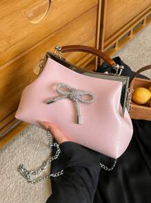 Túi vuông màu hồng trang trí nơ trên tay cầm hàng ngày - Hồng - Xem 2