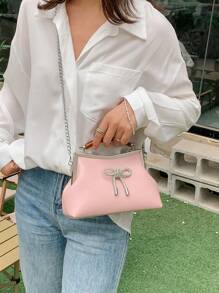 Túi vuông màu hồng trang trí nơ trên tay cầm hàng ngày - Hồng - Xem 5