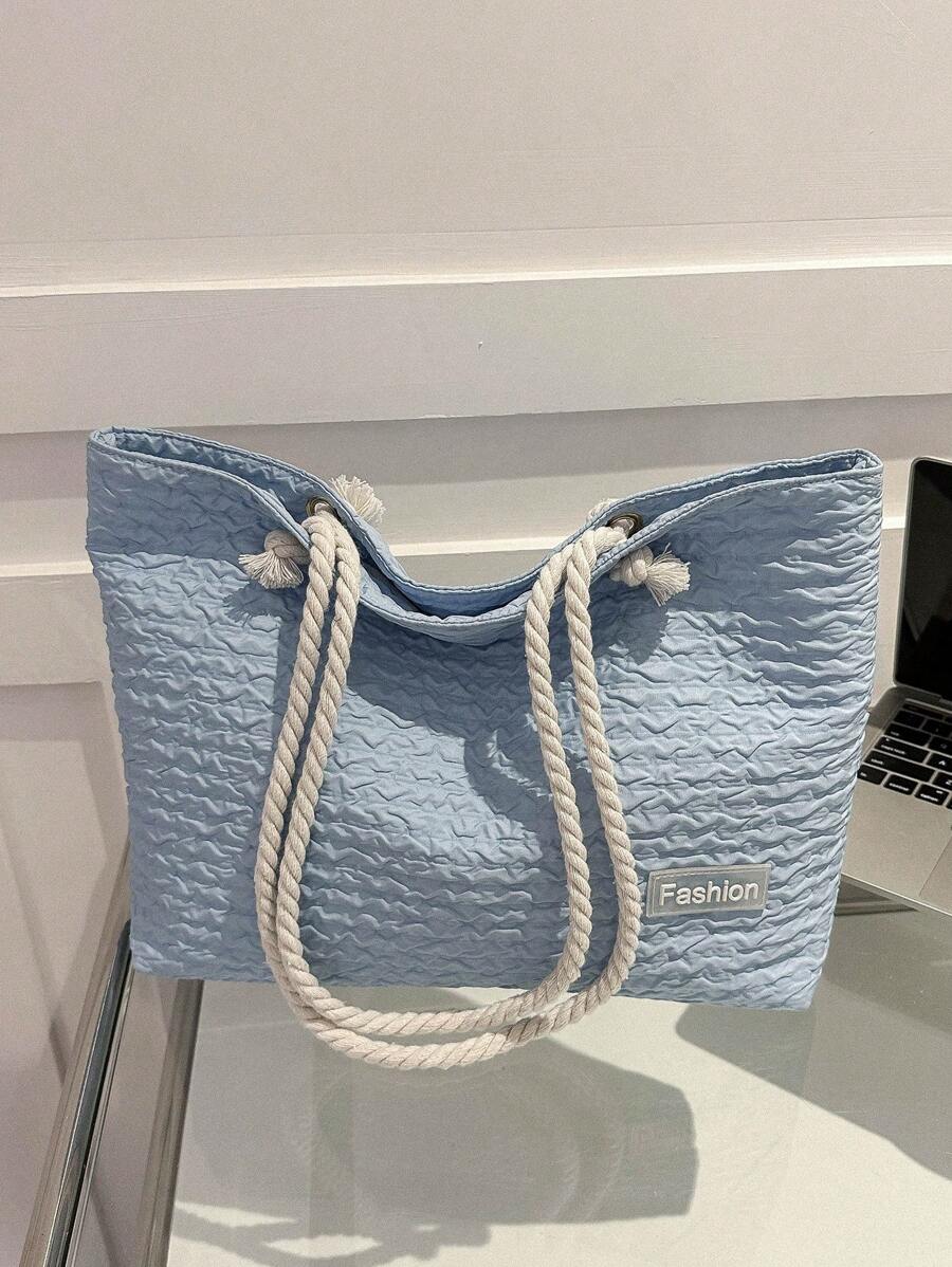 字母貼片單肩手提包淡藍色雙提手日常書包適合畢業生、青少年女孩、新生、大二、初中和高中學生、大學和高中，非常適合戶外、旅行和返校 - 藍色 - 查看 1