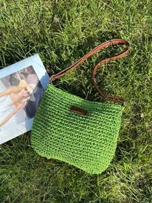 Una bolsa de tela cruzada simple y fresca de color verde hierba para mujeres, informal y de moda para el verano - Verde - Ver 2