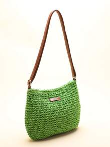Una bolsa de tela cruzada simple y fresca de color verde hierba para mujeres, informal y de moda para el verano - Verde - Ver 3
