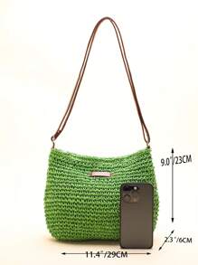 Una bolsa de tela cruzada simple y fresca de color verde hierba para mujeres, informal y de moda para el verano - Verde - Ver 5