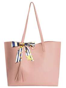 荔枝纹单肩手提包流苏和细围巾装饰粉色时尚，送给妈妈的母亲节礼物 - 粉色 - 查看 1