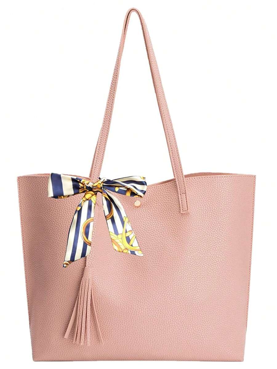 荔枝纹单肩手提包流苏和细围巾装饰粉色时尚，送给妈妈的母亲节礼物 - 粉色 - 查看 1