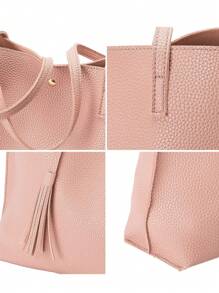 荔枝纹单肩手提包流苏和细围巾装饰粉色时尚，送给妈妈的母亲节礼物 - 粉色 - 查看 3