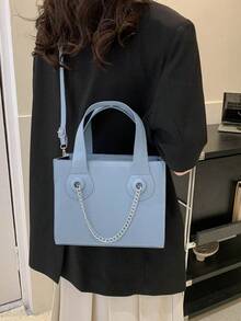 Small Square Bag Baby Blue Chain Decor Double Handle - Blue - View 2