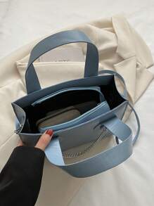 Small Square Bag Baby Blue Chain Decor Double Handle - Blue - View 4