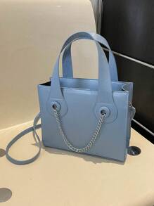 Small Square Bag Baby Blue Chain Decor Double Handle - Blue - View 7