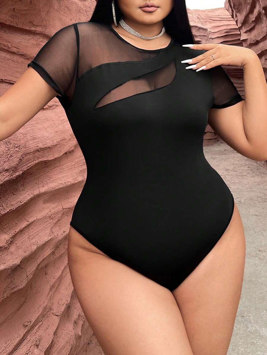 SHEIN SXY Plus Contrast Mesh Bodysuit - Black - View 1