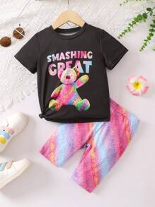 SHEIN 小女童字母和卡通圖案T恤和機車短褲 - 彩色 - 查看 1