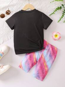 SHEIN 小女童字母和卡通圖案T恤和機車短褲 - 彩色 - 查看 2