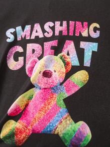 SHEIN 小女童字母和卡通圖案T恤和機車短褲 - 彩色 - 查看 3