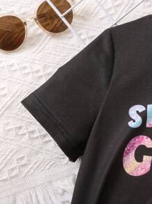 SHEIN 小女童字母和卡通圖案T恤和機車短褲 - 彩色 - 查看 5