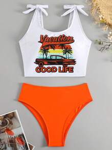 Swim Lushoire Conjunto de tankini de traje de baño con gráficos tropicales y de letras, con hombros con lazo, para playa de verano - Multicolor - Ver 3
