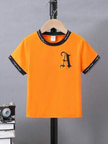 SHEIN 小男童字母圖案滾邊T恤 - 橘色 - 查看 1