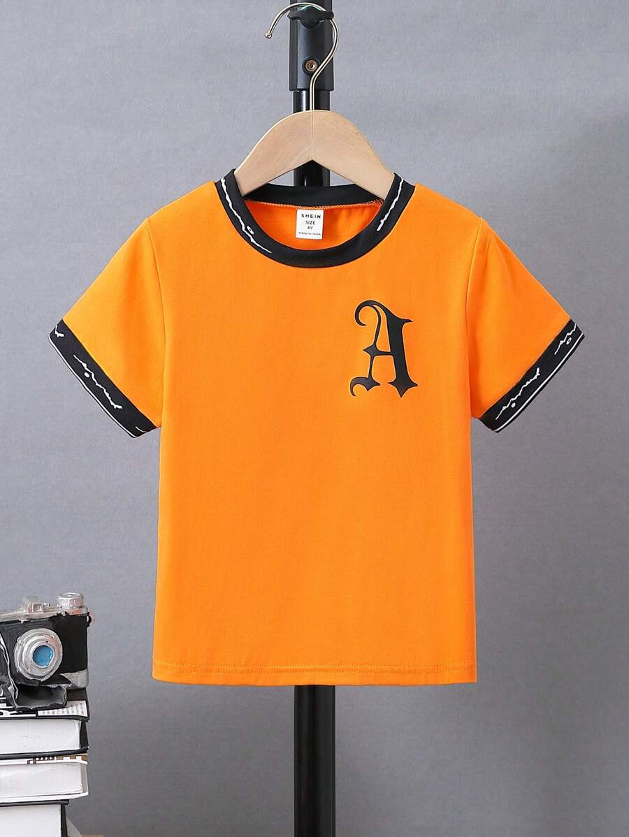 SHEIN 小男童字母圖案滾邊T恤 - 橘色 - 查看 1