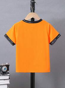SHEIN 小男童字母圖案滾邊T恤 - 橘色 - 查看 2