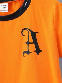 SHEIN 小男童字母圖案滾邊T恤 - 橘色 - 查看 5