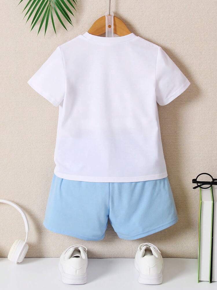 SHEIN Toddler Boys Letter Graphic Tee & Shorts Set - Blue and White - View 2