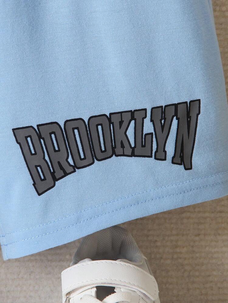 SHEIN Toddler Boys Letter Graphic Tee & Shorts Set - Blue and White - View 3