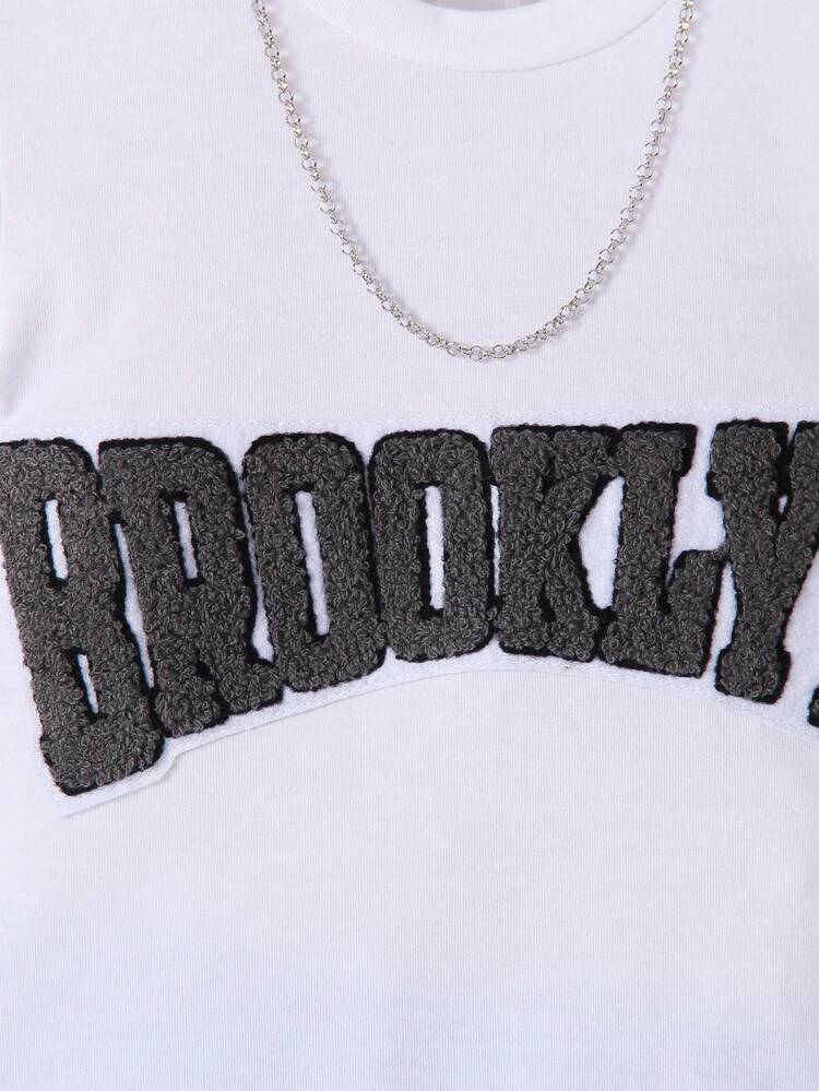 SHEIN Toddler Boys Letter Graphic Tee & Shorts Set - Blue and White - View 4