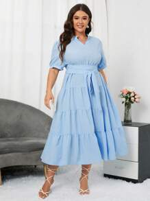 SHEIN Privé 大碼休閒腰帶 荷葉邊純色連衣裙 - 淺藍色 - 查看 4