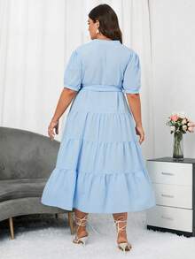 SHEIN Privé 大碼休閒腰帶 荷葉邊純色連衣裙 - 淺藍色 - 查看 2