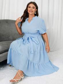 SHEIN Privé 大碼休閒腰帶 荷葉邊純色連衣裙 - 淺藍色 - 查看 5