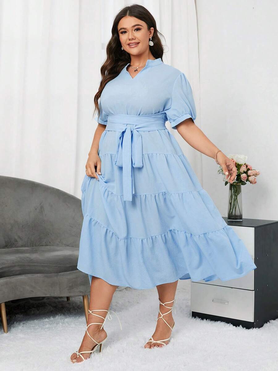 SHEIN Privé 大碼休閒腰帶 荷葉邊純色連衣裙 - 淺藍色 - 查看 1