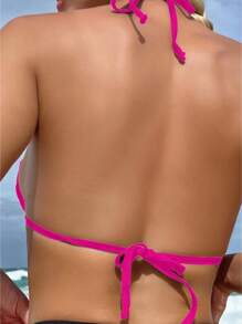 Summer Solid Halter Triangle Bikini Top - Hot Pink - View 2