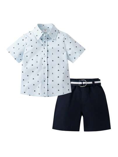 SHEIN Young Boy Gentleman Style Clothing Set - Short Sleeve Sailboat Pattern Shirt, Five Pocket Shorts, Belt - Perfect For Birthday Parties, Evening Events, Wedding, Baptism, Or First Birthday Celebration, School, Campus, College Chic Outfits For Autumn/Winter