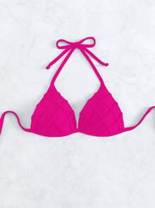 Summer Solid Halter Triangle Bikini Top - Hot Pink - View 4