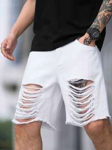 Manfinity EMRG Nam Quần short Denim Bông Rách Frayed Raw Hem - trắng - Xem 1