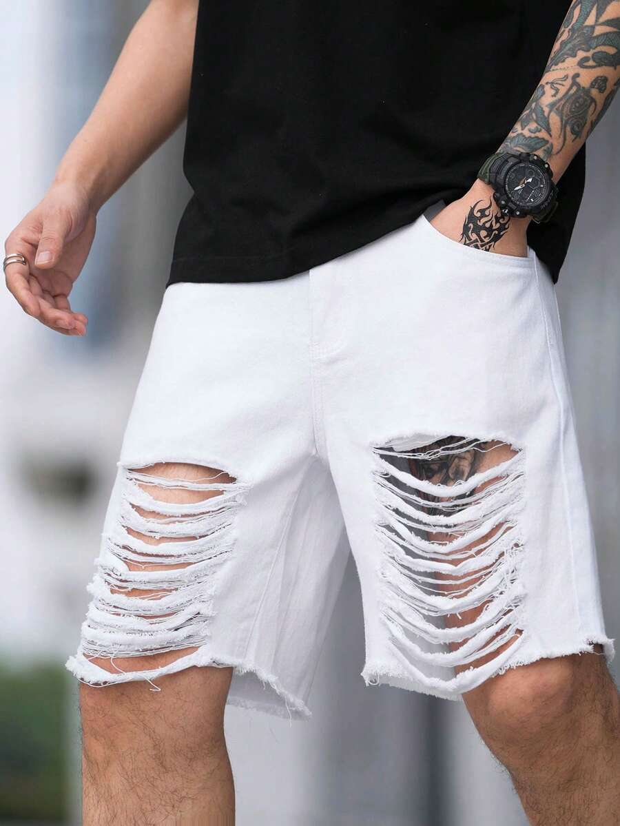 Manfinity EMRG Nam Quần short Denim Bông Rách Frayed Raw Hem - trắng - Xem 1