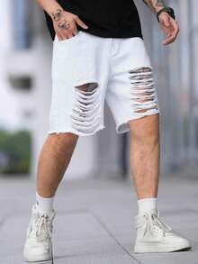 Manfinity EMRG Nam Quần short Denim Bông Rách Frayed Raw Hem - trắng - Xem 3