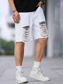 Manfinity EMRG Nam Quần short Denim Bông Rách Frayed Raw Hem - trắng - Xem 4